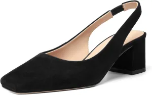 FOGEENA Womens Solid Suede Night Club Slip On Dress Square Toe Chunky Leather Low Heel Pumps Shoes 2 Inch