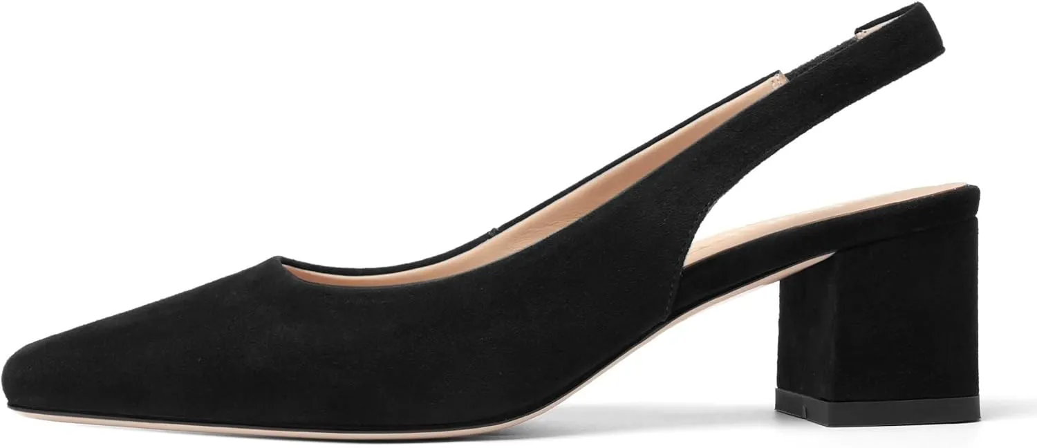 FOGEENA Womens Solid Suede Night Club Slip On Dress Square Toe Chunky Leather Low Heel Pumps Shoes 2 Inch