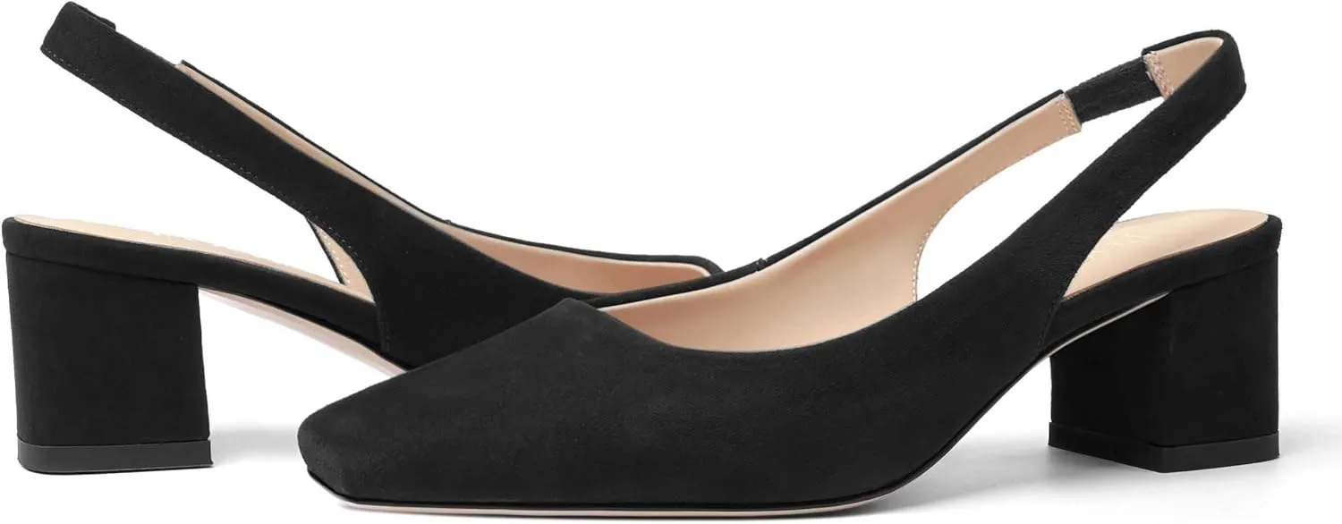 FOGEENA Womens Solid Suede Night Club Slip On Dress Square Toe Chunky Leather Low Heel Pumps Shoes 2 Inch