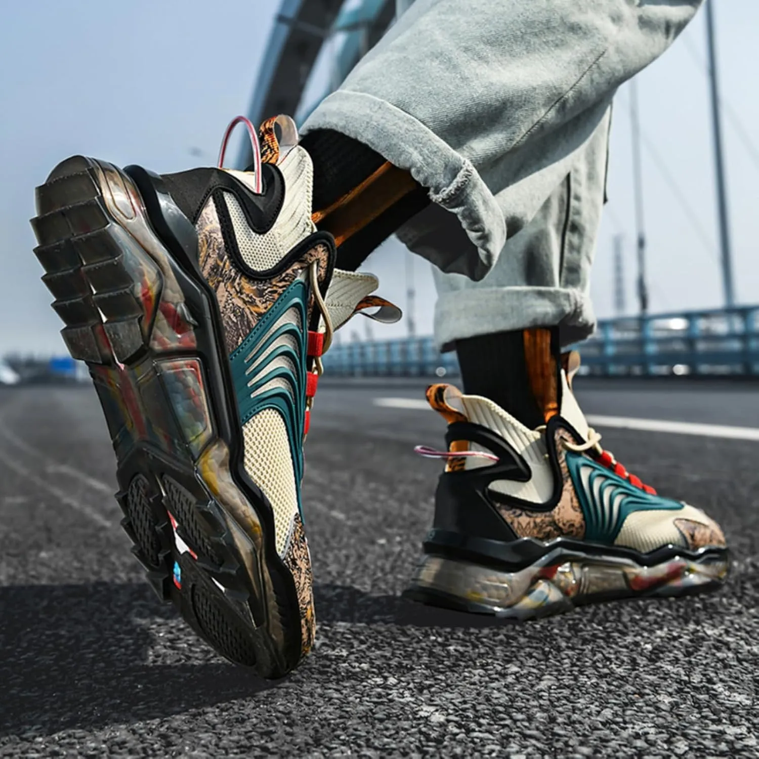 FOTN Mens Fashion Lace Up High Top Basketball Shoes Lightweight Breathable Sneakers Running Trail Athletic Walking Tennis Sport Shoes