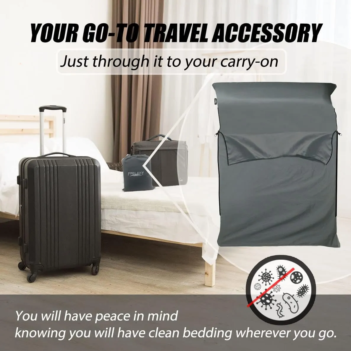 Frelaxy Sleeping Bag Liner, XL Travel Sheet & Camping Sheet for Backpacking, Hotel, Hostels & Traveling, Comfy & Easy Care, Full-Length Zipper/No Zipper