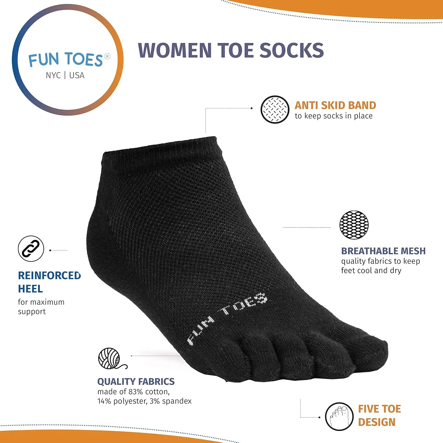 FUN TOES Women's Cotton Toe Socks-Barefoot Running- Breathable- 6 Pairs Pack-Size 9-11 Lightweight