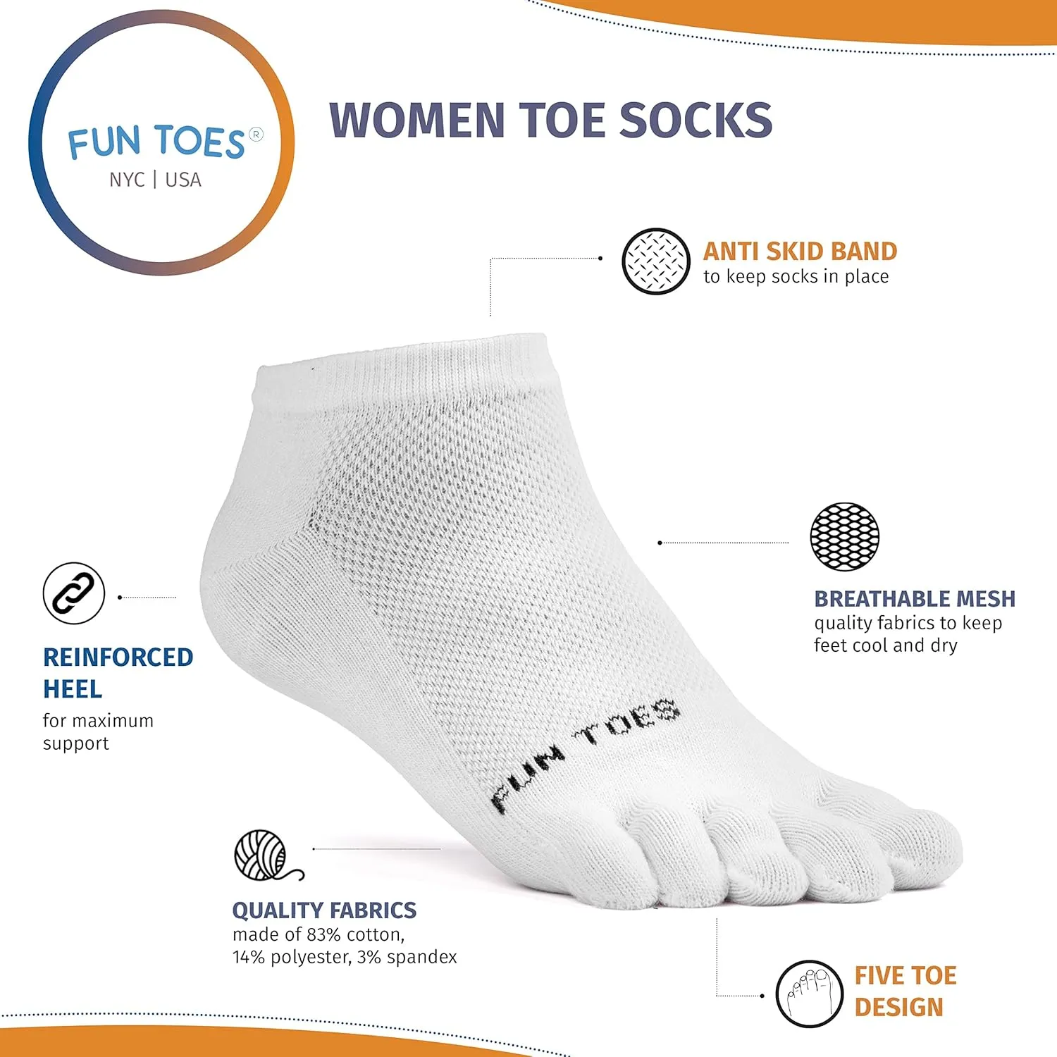 FUN TOES Women's Cotton Toe Socks-Barefoot Running- Breathable- 6 Pairs Pack-Size 9-11 Lightweight