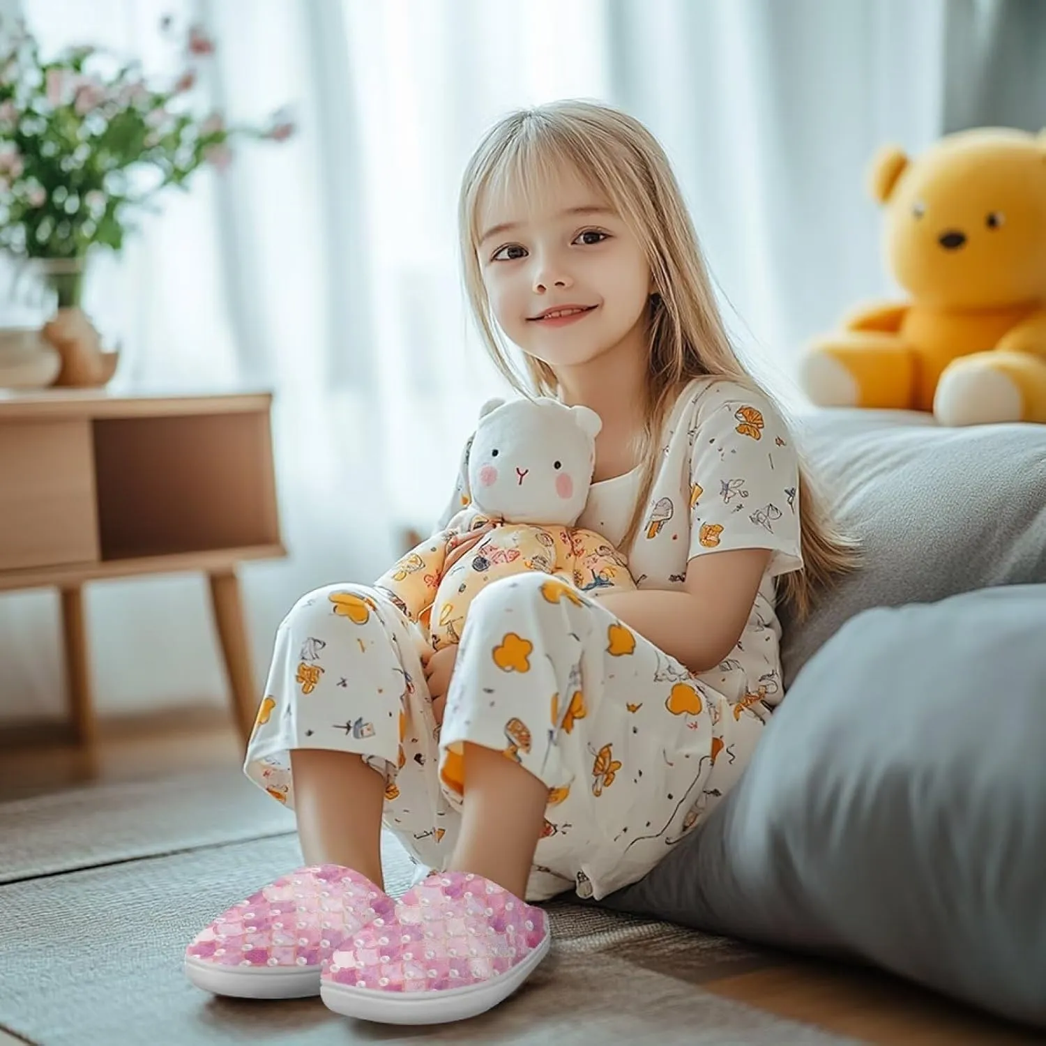 Fuzzy Toddler Slippers Girls Plush Slippers Soft Warm House Shoes Cozy Slip On Indoor Shoes Cute Print House Slippers Non Slip Washable for Bedroom Outdoor US 9-15