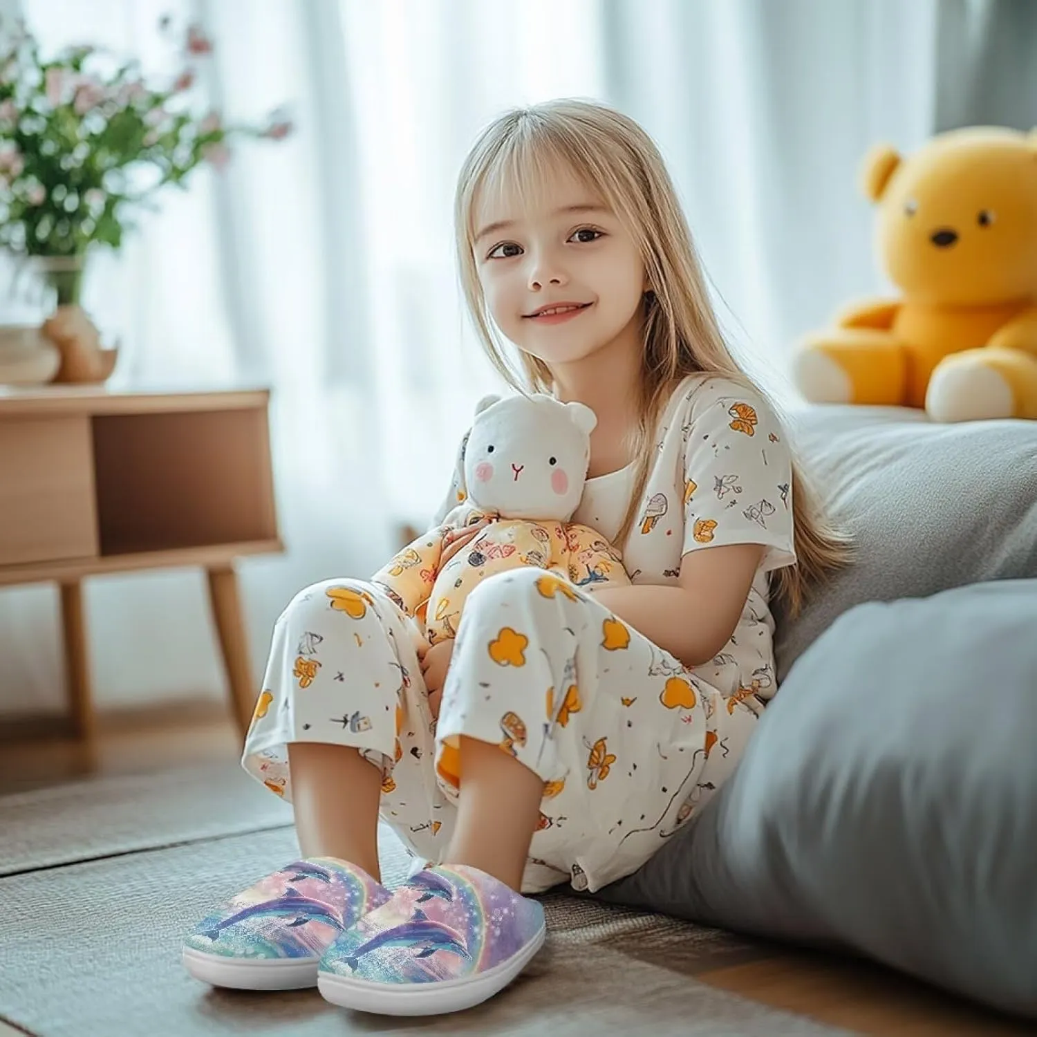 Fuzzy Toddler Slippers Girls Plush Slippers Soft Warm House Shoes Cozy Slip On Indoor Shoes Cute Print House Slippers Non Slip Washable for Bedroom Outdoor US 9-15