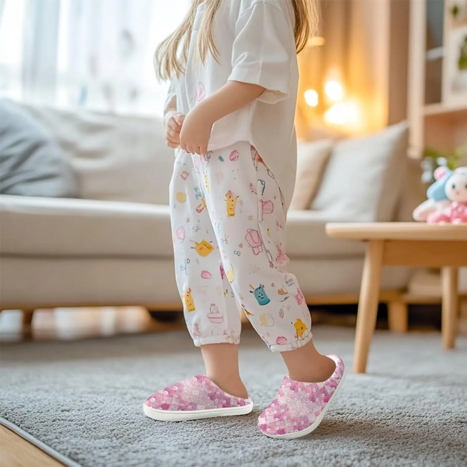 Fuzzy Toddler Slippers Girls Plush Slippers Soft Warm House Shoes Cozy Slip On Indoor Shoes Cute Print House Slippers Non Slip Washable for Bedroom Outdoor US 9-15