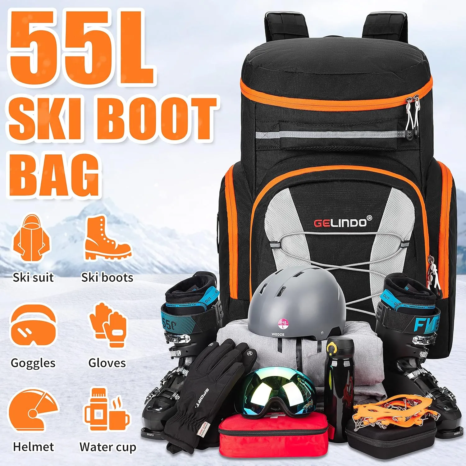 Gelindo 55L Ski Boot Bag Backpack, Waterproof, Multi Compartments Pack for Equipment Gear, Snow Boots, Helmet, Extra Large