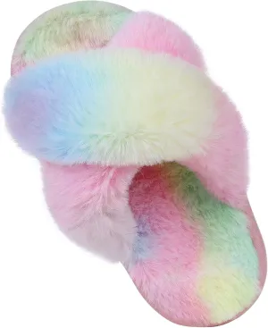 Girl's Soft Plush Lightweight House Slippers Non Slip Cross Band Slip on Open Toe Cozy Indoor Outdoor Slippers