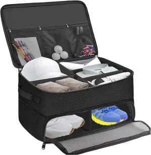 Golf Trunk Organizer, Waterproof 2 Layer Car Golf Shoes Bag with Separate Ventilated Compartments for 2 Pair Shoes, Golf Locker to Store Golf Trunk Storage for Balls Gloves Tees Black