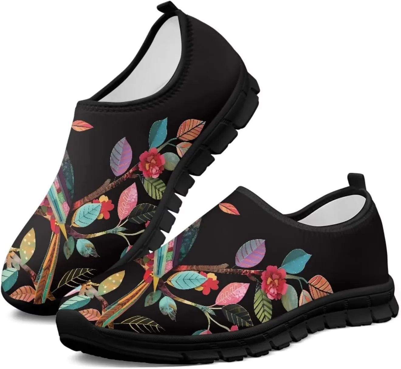 GOSTONG Floral Art Sneakers for Women Comfy Soft Sole Non Slip Walking Sneakers for Outdoor Travel Easy Slip on Lightweight Indoor Loafers Black US 5.5-11.5