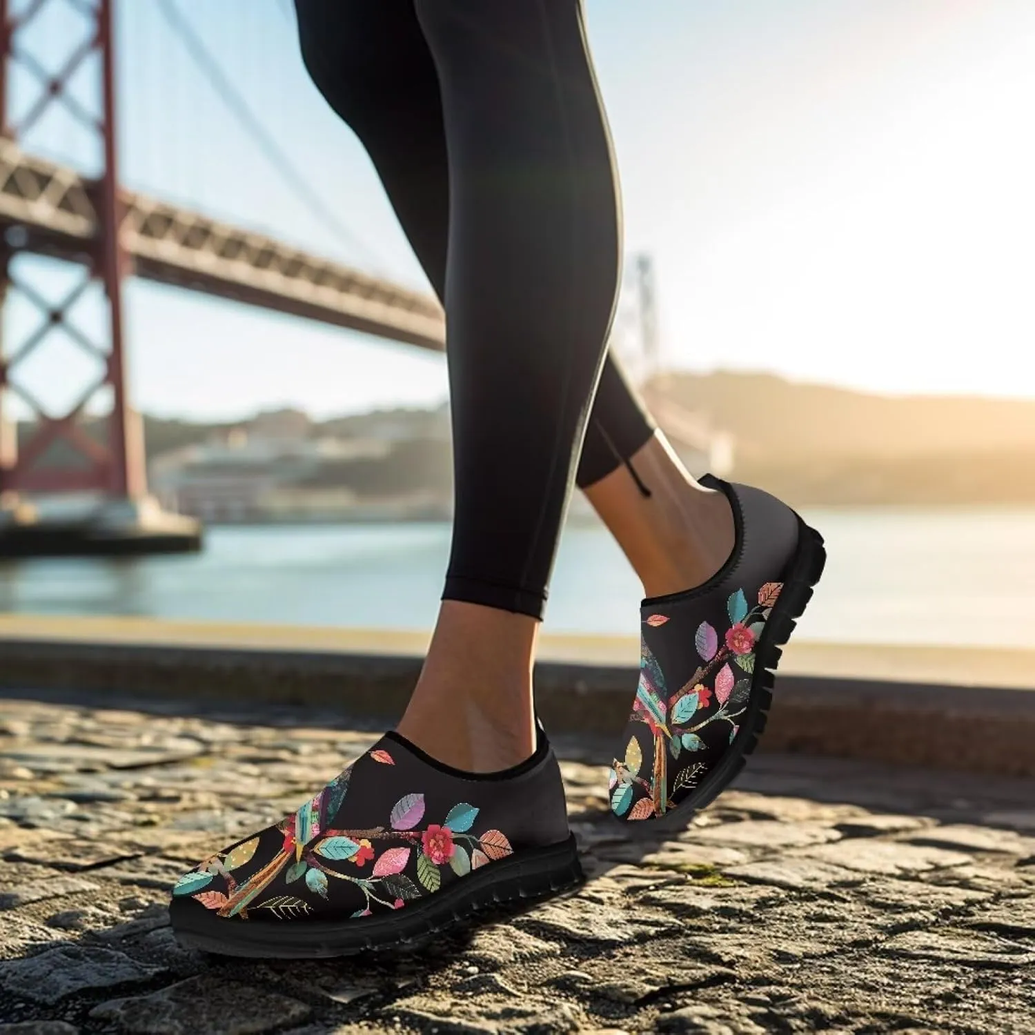 GOSTONG Floral Art Sneakers for Women Comfy Soft Sole Non Slip Walking Sneakers for Outdoor Travel Easy Slip on Lightweight Indoor Loafers Black US 5.5-11.5