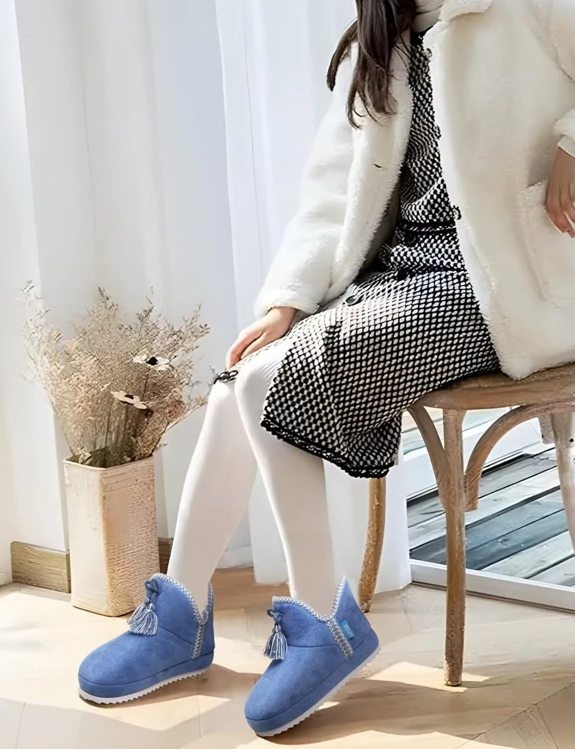 GPOS Womens House Knit Bootie Slippers Fuzzy Plush Lining Winter Ladies Warm Suede Fluff Slippers Lightweight Cozy Thick Memory Foam Comfortable Home Shoes Hard Bottom for Indoor Outdoor Size 5-11
