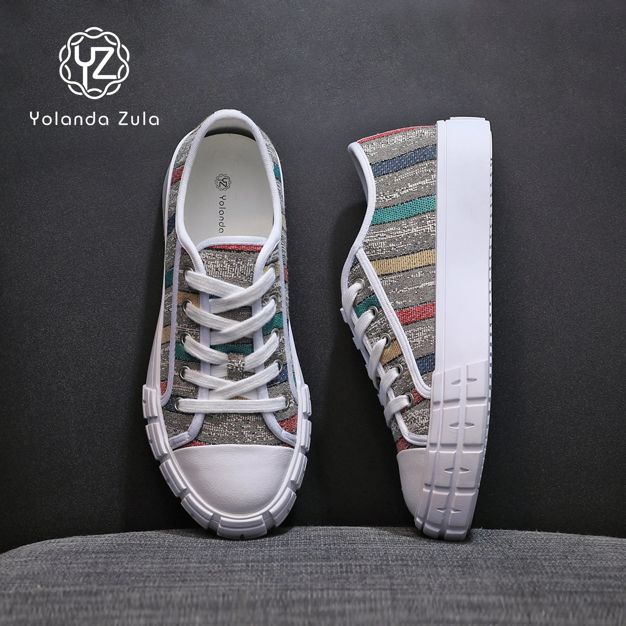Gray sole colored striped canvas shoes