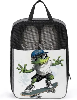 Green Frog Riding A Skateboard Shoe Bag for Travel Daily Use Anti-dust Storage Carrier Golf Shoe Pouch