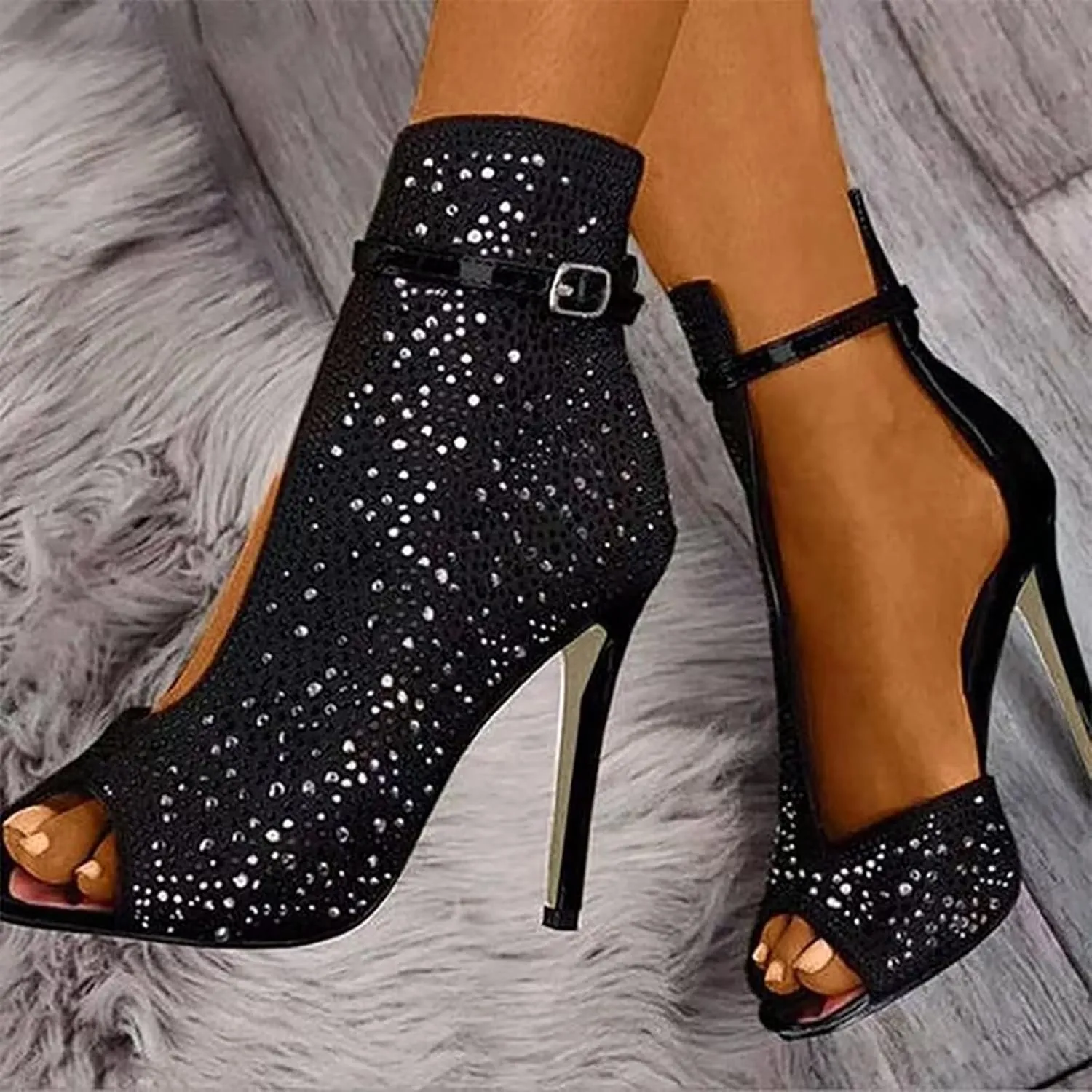 Hbeylia Sexy Stiletto Heels for Women Peep Toe Rhinestone Ankle Strap Buckle Side Cutout High Heeled Sandals Ladies Glitter Fashion High Heels Women's Trendy Summer Dressy Heeled Sandals Boots