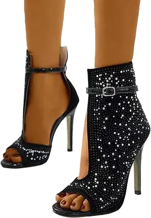 Hbeylia Sexy Stiletto Heels for Women Peep Toe Rhinestone Ankle Strap Buckle Side Cutout High Heeled Sandals Ladies Glitter Fashion High Heels Women's Trendy Summer Dressy Heeled Sandals Boots