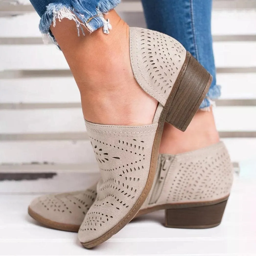 Hbeylia Women's Booties Boho Fashion Round Toe Hollow Out V Cut Slip On Chunky Mid Heels Ankle Boots Walking Shoes For Women Ladies Bohemian Beach Travel Sandals Shoes