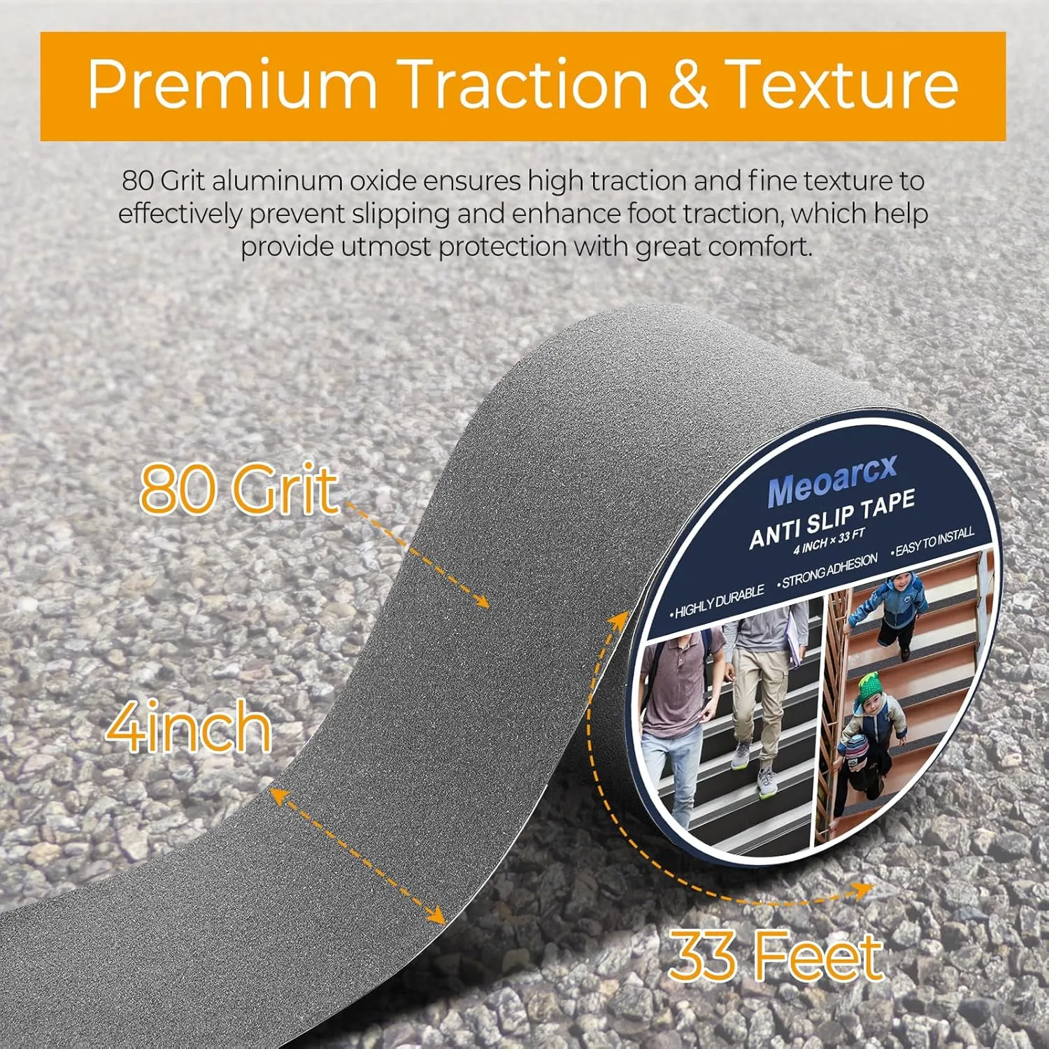 Heavy Duty Anti Slip Tape, 4Inch x 33Feet High Traction Grip Tape for Stairs, Waterproof Anti Slip Tape Durable Adhesive Grip Tape for Skateboards, Non Slip Tape for Outdoor, Grey
