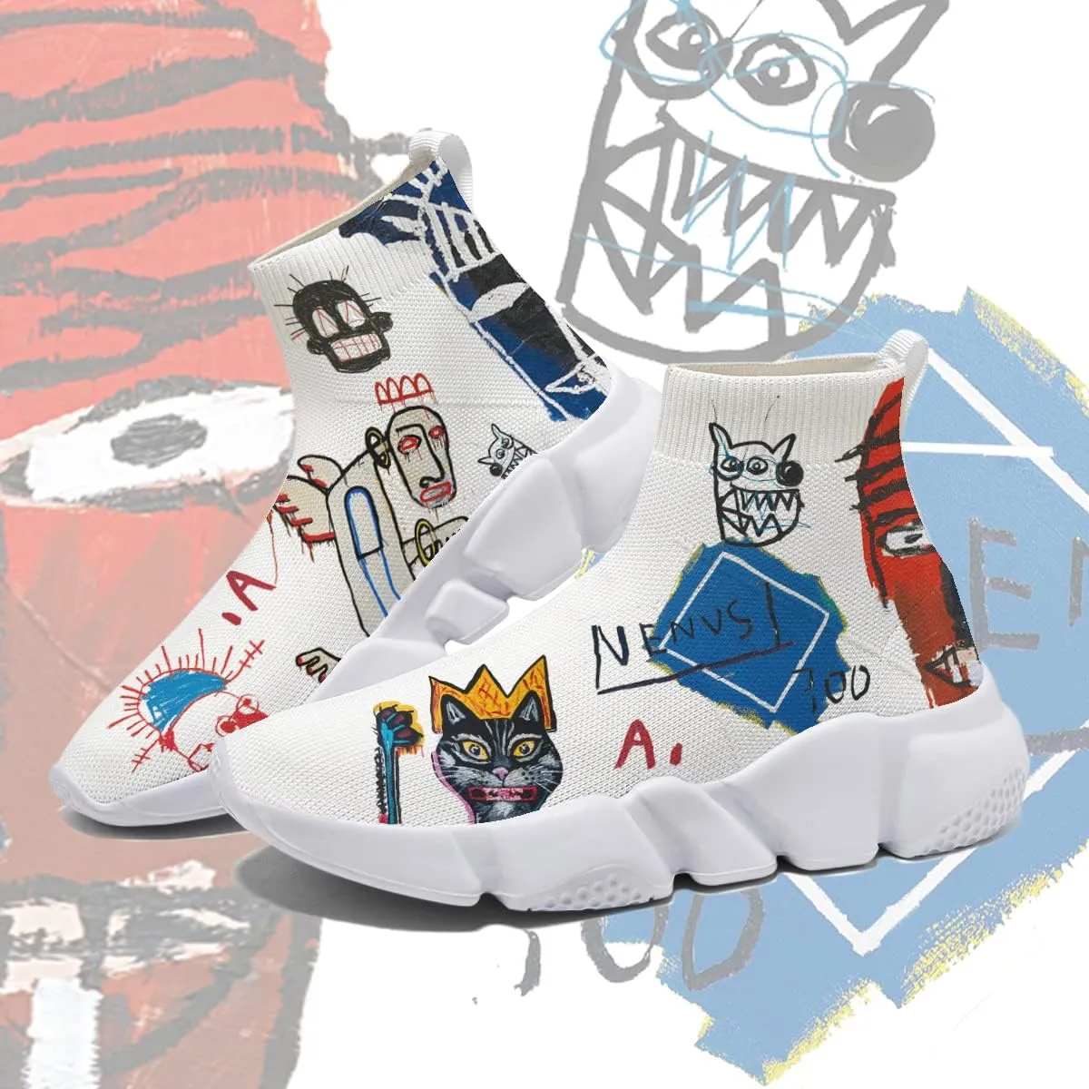 Hetios Mens Walking Shoes Graffiti Sneakers Running Shoes Sock Shoes Lightweight Comfy Breathable Multicolor
