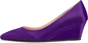 HEUIVZAR Women Wedge Pumps Pointed Toe Block Chunky Mid Low Heel Slip-on Dress Shoes Classic Satin 2 Inch