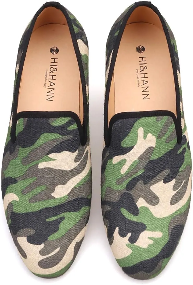 HI&HANN British Style Classic Camouflage Men Smoking Slippers Handmade Men Mix Color Canvas Loafers Men Casual and Prom Flats