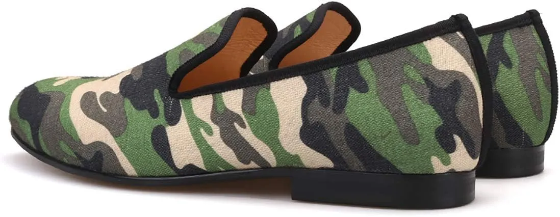 HI&HANN British Style Classic Camouflage Men Smoking Slippers Handmade Men Mix Color Canvas Loafers Men Casual and Prom Flats