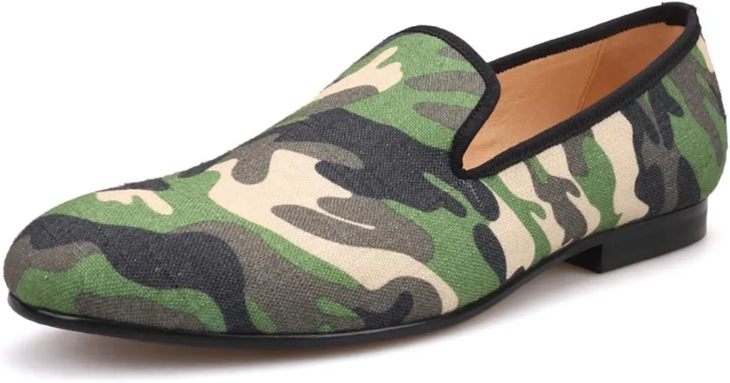 HI&HANN British Style Classic Camouflage Men Smoking Slippers Handmade Men Mix Color Canvas Loafers Men Casual and Prom Flats