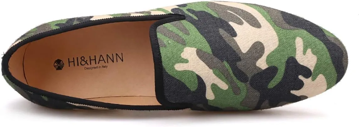 HI&HANN British Style Classic Camouflage Men Smoking Slippers Handmade Men Mix Color Canvas Loafers Men Casual and Prom Flats