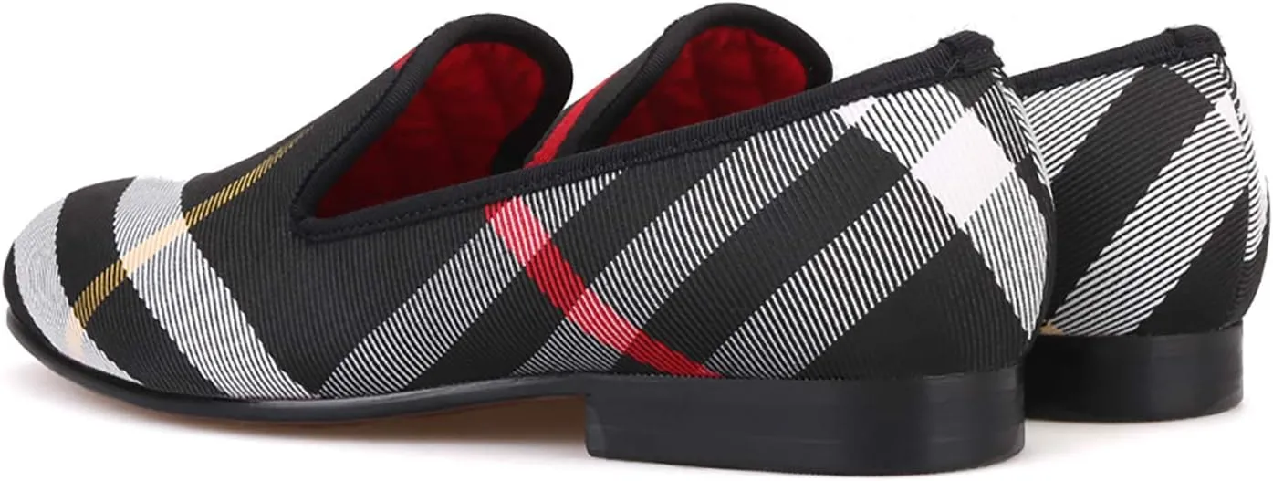HI&HANN Plaid Canvas Loafers Men 's Casual Shoes Smoking Slipper