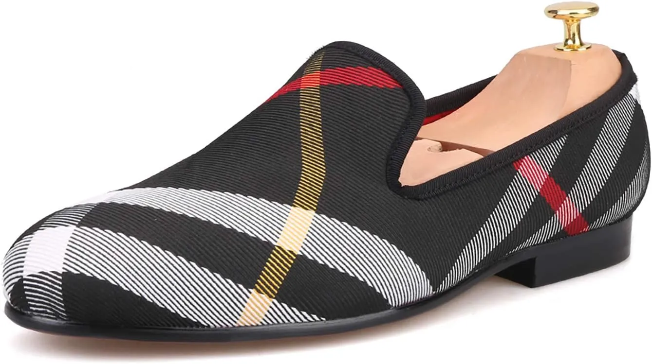 HI&HANN Plaid Canvas Loafers Men 's Casual Shoes Smoking Slipper
