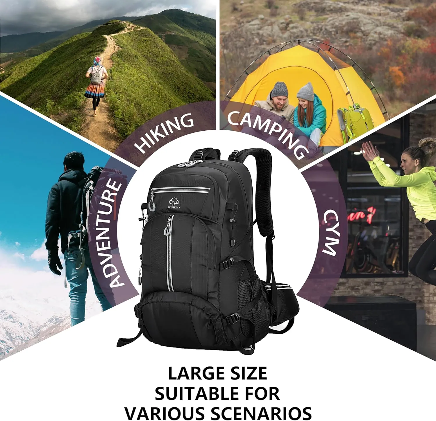 Hiking Backpack for Men and Women,Waterproof Travel Bag,Reflective,Sport Outdoor,Lightweight,Camping,Shoe Compartment,50L. (Black)