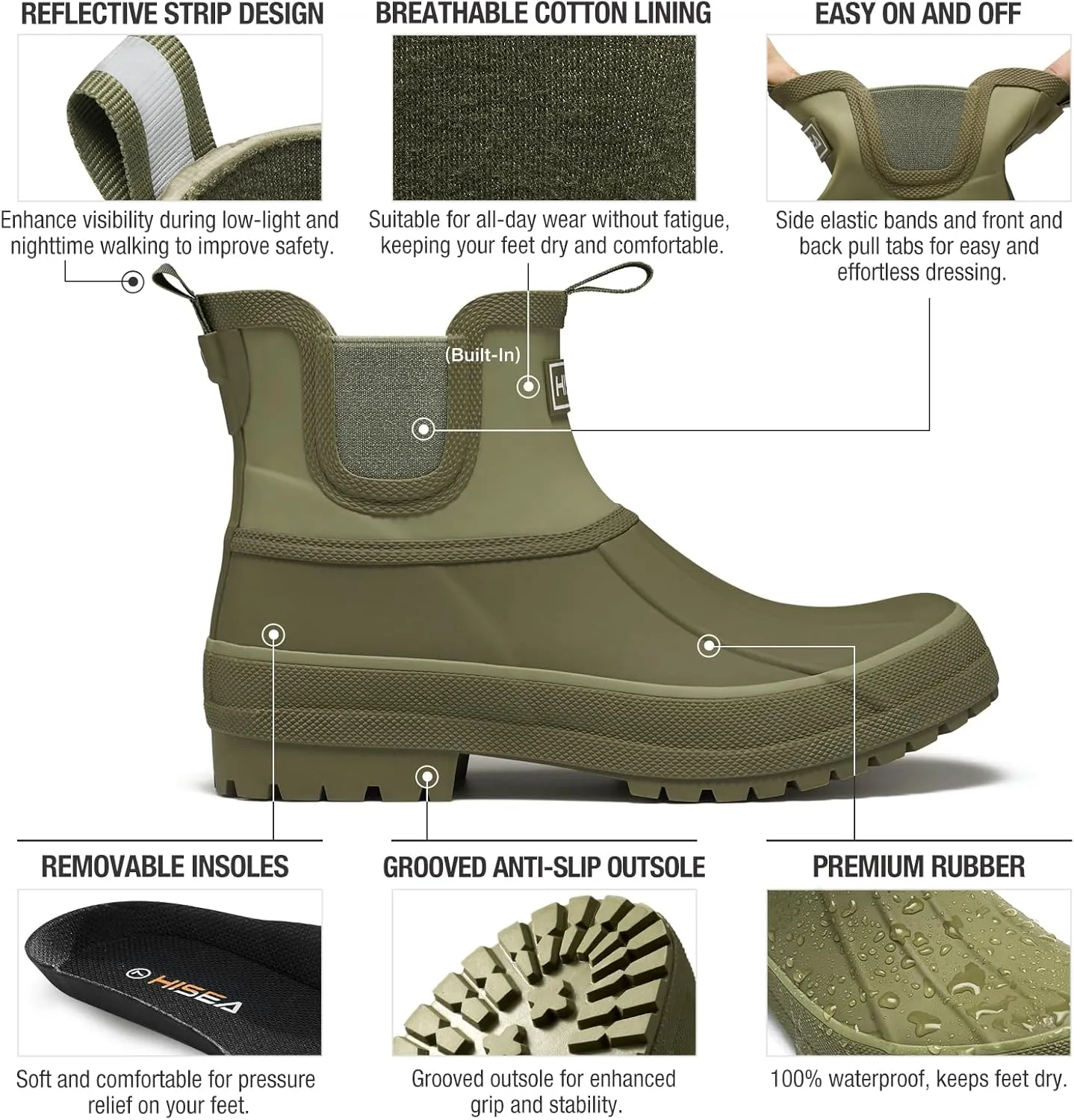 HISEA Women's Duck Chelsea Rain Boots Waterproof Short Garden Boot Outdoor Mud Boots