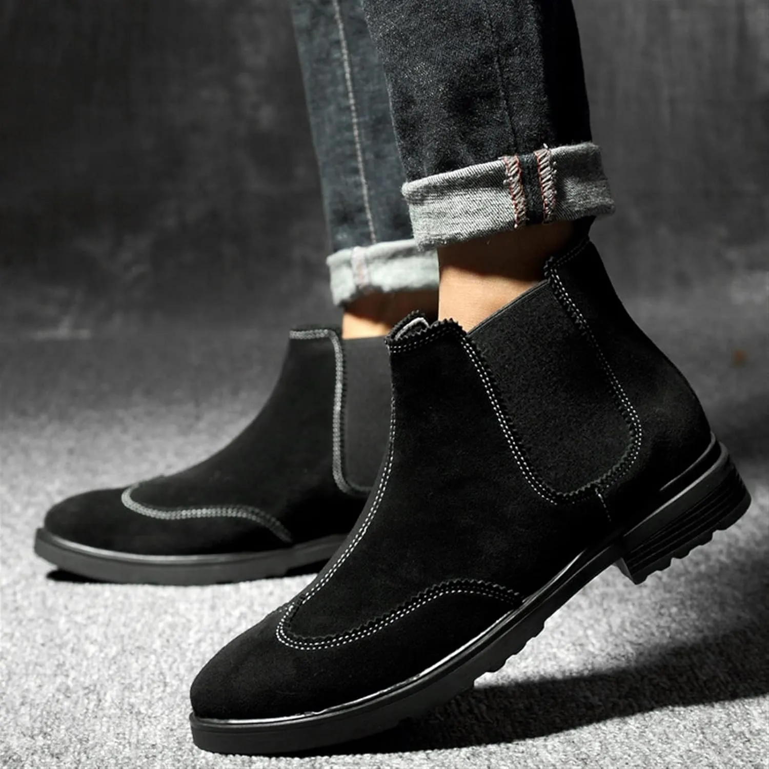 HOOENG Ankle Boots for Men Win Tip Elastic Bandage Suede Cowhide Non Slip Anti-Slip Waterproof Wearable Slip on Classic Work