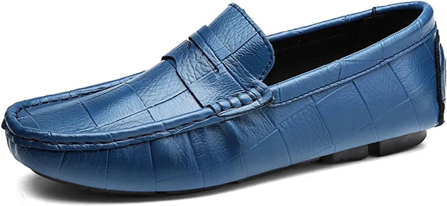 HOOENG Driving Moccasins for Men Round Toe Faux Crocodile Leather Penny Loafer Soft Comfortable Flexible Flat Heel Driving Slip on