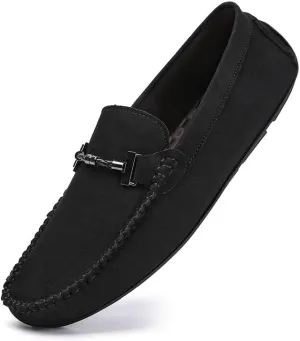 HOOENG Men's Loafers Shoes Round Toe Suede Moccasins Driving Loafers Stitching Details Slip Resistant Comfortable Flat Heel Classic Prom Slip-on (Color : Black, Size : 8)