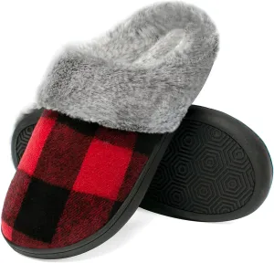 House Slippers for Women Indoor and Outdoor Memory Foam Fuzzy Slippers Bedroom Buffalo plaid Slip-on Shoes Christmas Gift Size 10-11 Red