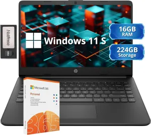 HP Stream 14" HD Lightweight Laptop, Intel Celeron N4120, 16GB RAM, 224GB Storage(64GB eMMC   160GB Docking Station), Intel UHD Graphics, HD Webcam, 1 Year Office 365, WiFi, Bluetooth, Win 11s, Black