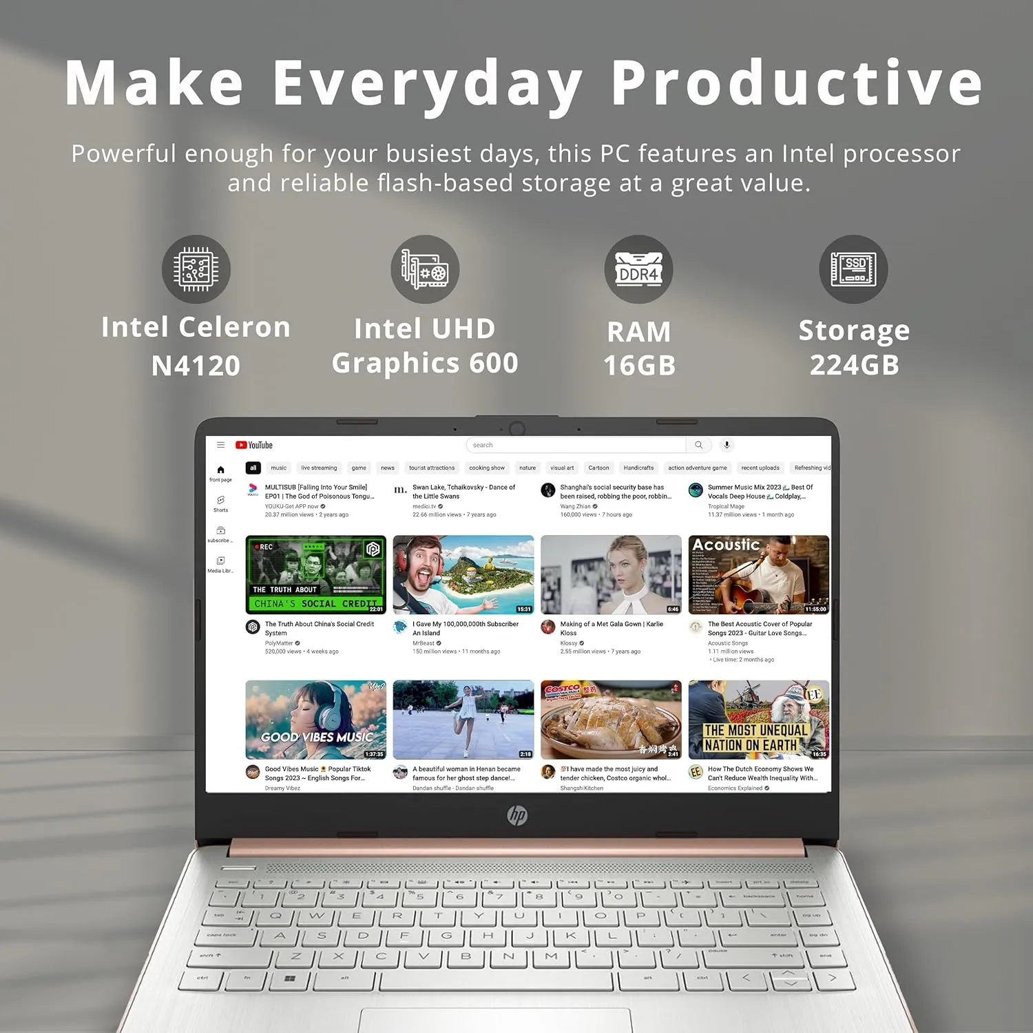 HP Stream 14" HD Lightweight Laptop, Intel Celeron N4120, 16GB RAM, 224GB Storage(64GB eMMC   160GB Docking Station), Intel UHD Graphics, HD Webcam, 1 Year Office 365, WiFi, Bluetooth, Win 11s, Gold