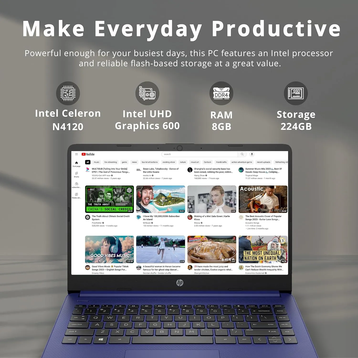 HP Stream 14" HD Lightweight Laptop, Intel Celeron N4120, 8GB RAM, 224GB Storage(64GB eMMC   160GB Docking Station), Intel UHD Graphics, HD Webcam, 1 Year Office 365, WiFi, Bluetooth, Win 11s, Blue