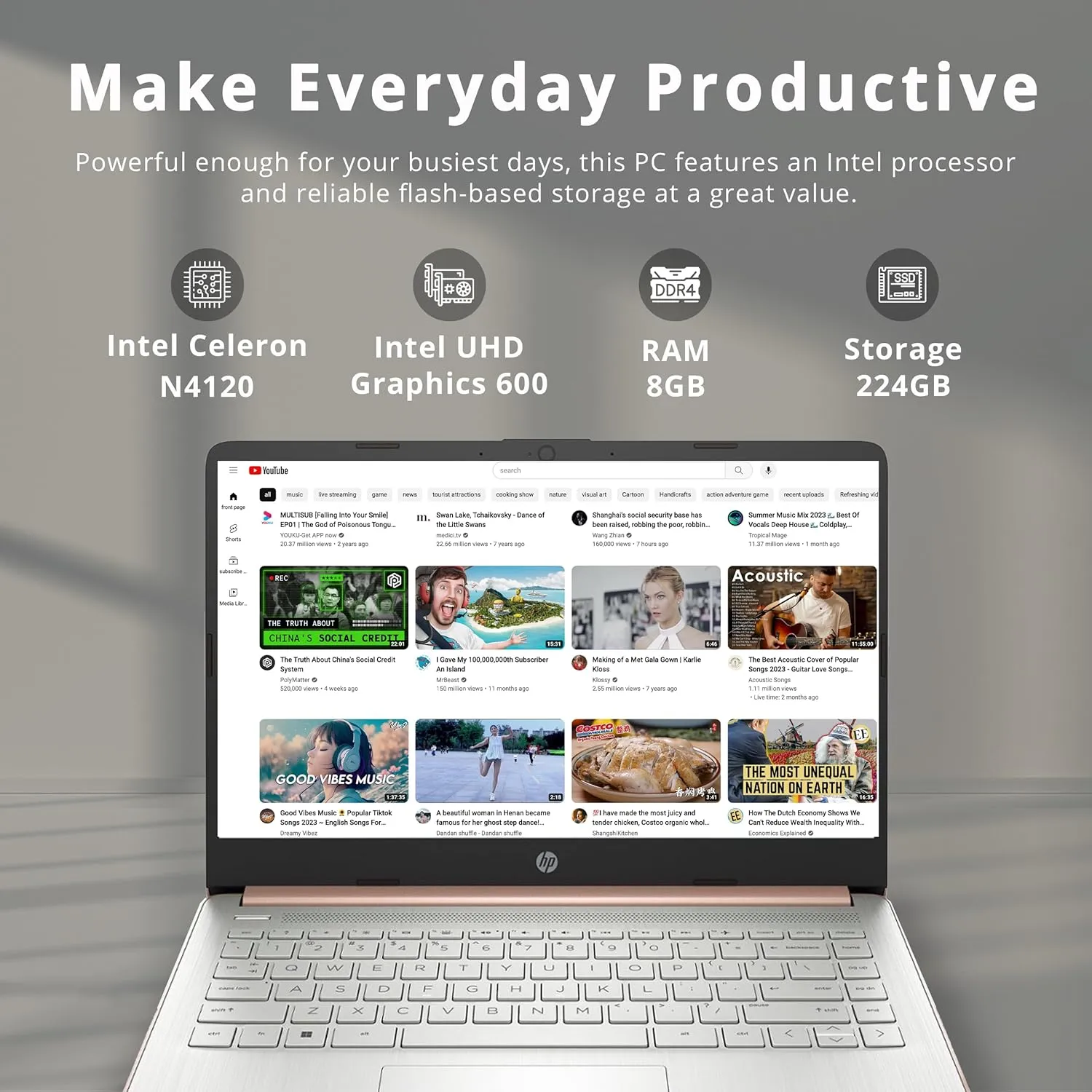 HP Stream 14" HD Lightweight Laptop, Intel Celeron N4120, 8GB RAM, 224GB Storage(64GB eMMC   160GB Docking Station), Intel UHD Graphics, HD Webcam, 1 Year Office 365, WiFi, Bluetooth, Win 11s, Gold