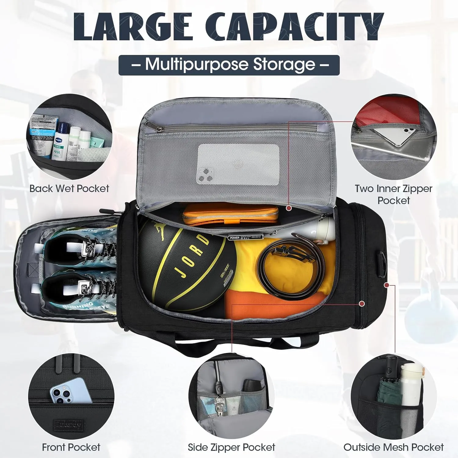 IGOLUMON Gym Bag for Men 55L Sports Duffel Bags Gym Duffle Bag Women with Shoe Compartment & Wet Pocket Water Resistant Travel Duffel Bag Lightweight Weekender Overnight Bag Black