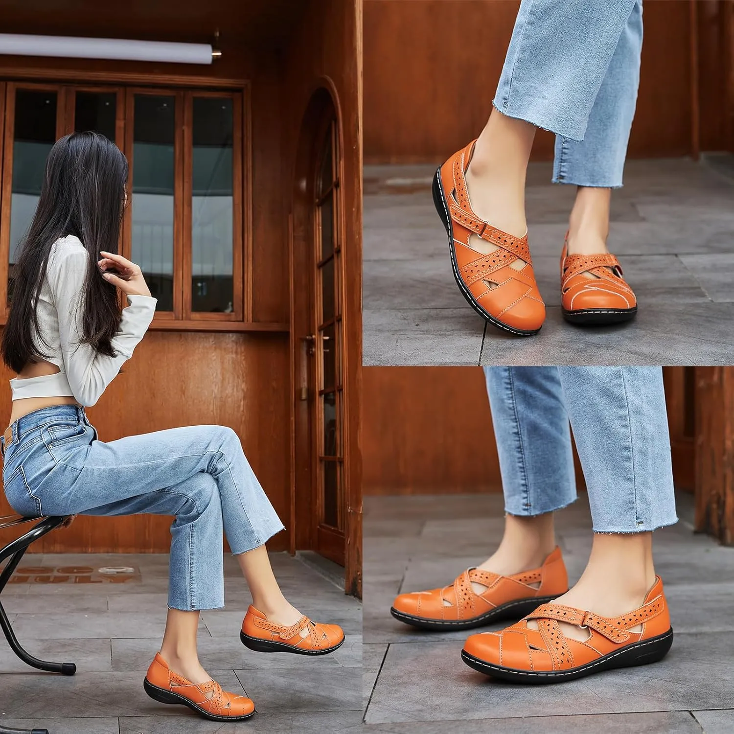Irrefour Women's Classic Genuine Leather Casual Loafer Cute Slip-On Fashion Closed Toe Flat Sandal Comfy Work Sandal Everyday Walking Shoe
