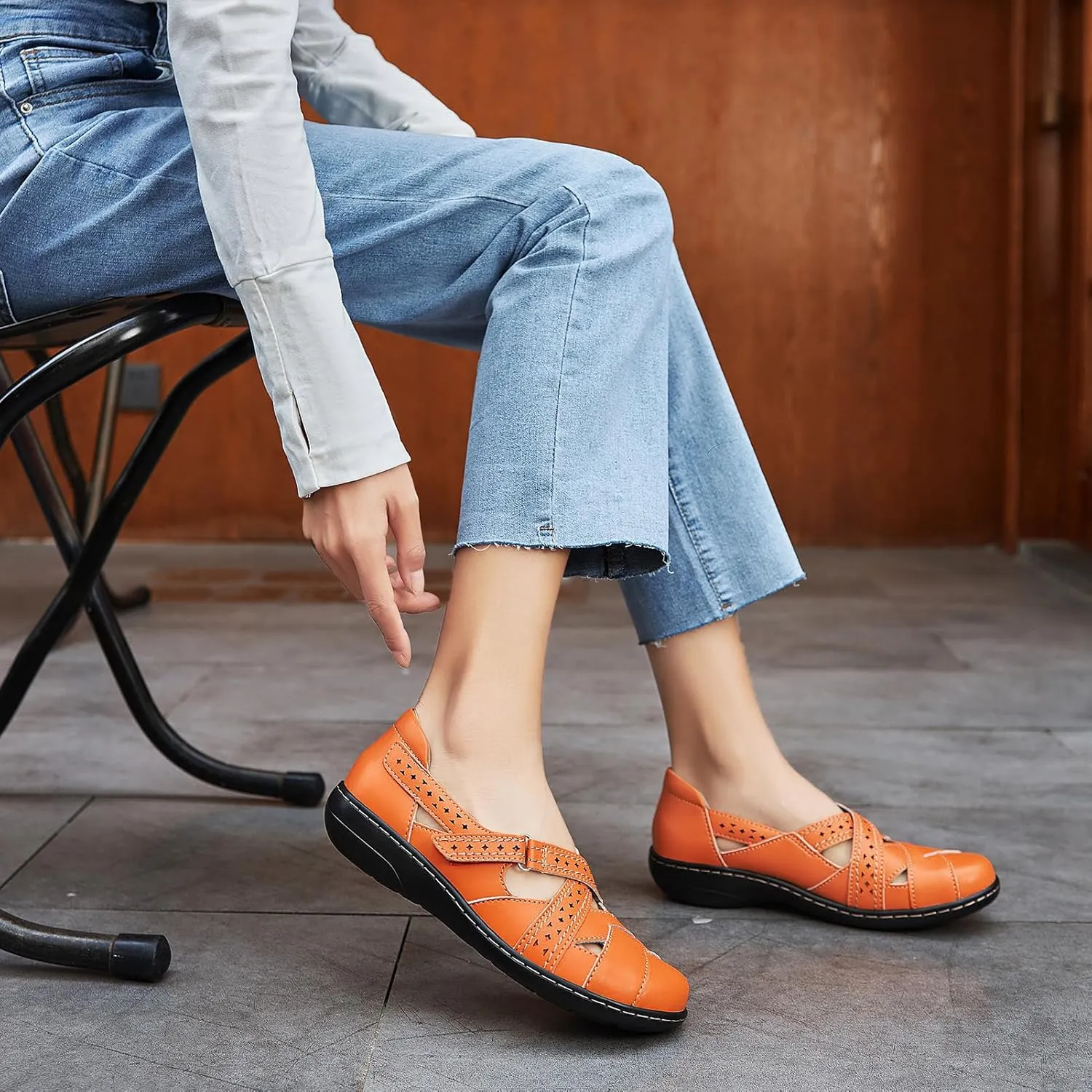 Irrefour Women's Classic Genuine Leather Casual Loafer Cute Slip-On Fashion Closed Toe Flat Sandal Comfy Work Sandal Everyday Walking Shoe