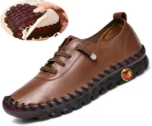 JishinGal Women's Slip on Loafers Round Toe Soft Leather Flat Shoes Comfortable Walking Shoes