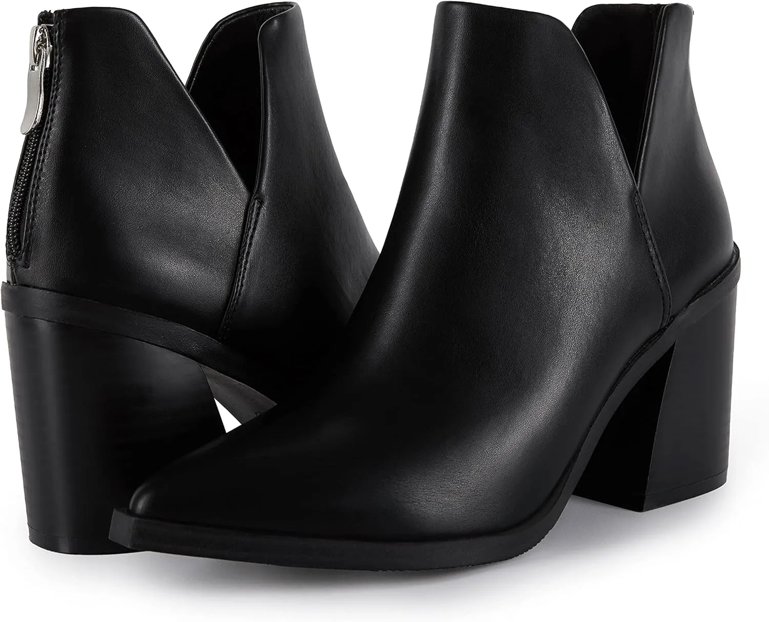 Kathemoi Womens Slip on Ankle Boots V Cutout Pointed Toe Chunky Stacked Mid Heel Booties