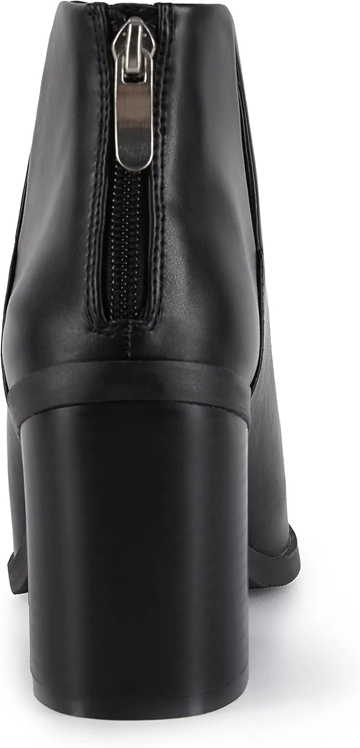 Kathemoi Womens Slip on Ankle Boots V Cutout Pointed Toe Chunky Stacked Mid Heel Booties