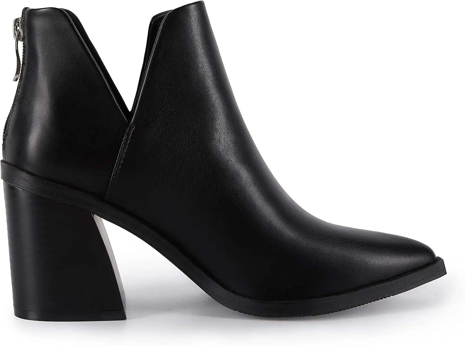 Kathemoi Womens Slip on Ankle Boots V Cutout Pointed Toe Chunky Stacked Mid Heel Booties
