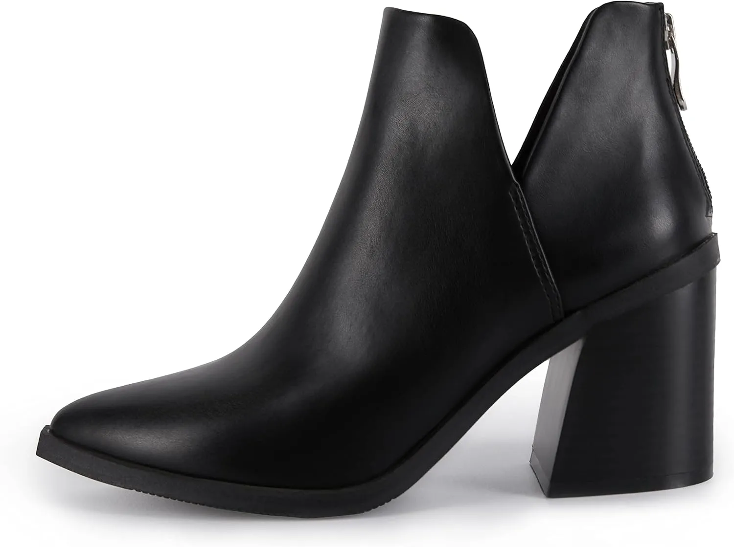 Kathemoi Womens Slip on Ankle Boots V Cutout Pointed Toe Chunky Stacked Mid Heel Booties