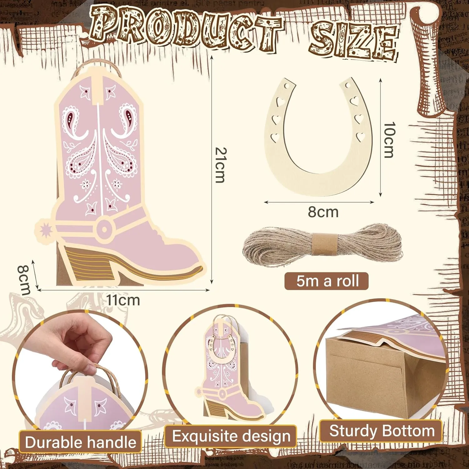 Kolldenn 12 Pcs Western Cowboy Cowgirl Boot Paper Bag with Handle 12 Wood Horseshoe Cutout Rodeo Wild West Party Favor Gift Goodie Candy Treat Bag for Last Rodeo Bachelorette Birthday Supplies(Pink)