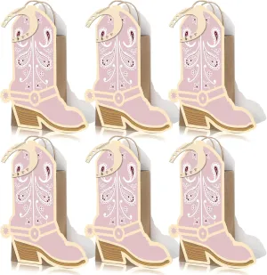 Kolldenn 12 Pcs Western Cowboy Cowgirl Boot Paper Bag with Handle 12 Wood Horseshoe Cutout Rodeo Wild West Party Favor Gift Goodie Candy Treat Bag for Last Rodeo Bachelorette Birthday Supplies(Pink)